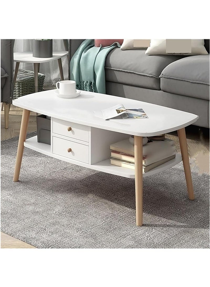 تابيت طاولة قهوة خشبية مزدوجة الطبقة مع الدرجات ، طاولة مركز بيضاوية بيضاوية لغرفة المعيشة ، طاولة نهاية بسيطة ووظيفية مع مساحة تخزين واسعة (100x50x42 سم ، أبيض) - Image 2